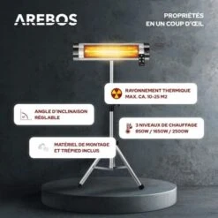AREBOS Chauffage Radiant Infrarouge Radiateur électrique 2500 W Télécommande 3 Niveaux Fixation Murale Argent -Atlantic Magasin 10094378 3