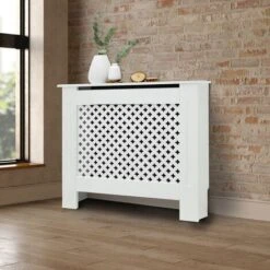 Cache-radiateur Couvercle Chauffage En MDF Motif Nid D'abeille 78x19x82 Cm Blanc