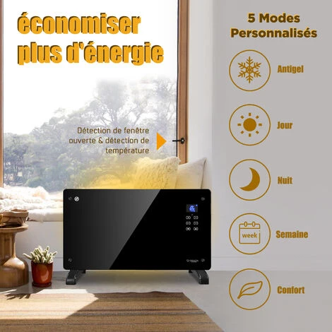 Greaden Radiateur Convecteur En Verre 2000 W électrique,2 Niveaux De Chaleur, écran LED Tactile, Mode ECO, 5 Programmes Disponibles, Noir, Installation Au Mur Ou Sur Pied 5 Greaden Radiateur Convecteur En Verre 2000 W électrique,2 Niveaux De Chaleur, écran LED Tactile, Mode ECO, 5 Programmes Disponibles, Noir, Installation Au Mur Ou Sur Pied – Image 5