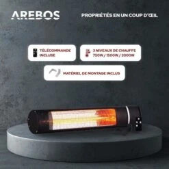 AREBOS Radiateur Infrarouge Chauffage Radiant Terrasse Incl Materiél De Montage 2000W Avec Télécommande -Atlantic Magasin 27421311 3
