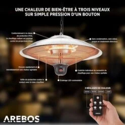 AREBOS Chauffage Radiant De Plafond 2.000 W 3 Réglages De Chaleur Avec Lampe LED + Télécommande Argent -Atlantic Magasin 39581585 3