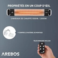 AREBOS Chauffage Radiant Infrarouge 2000 W Radiateur électrique 2 Puissances Inclinaison De 60° Matériel De Fixation Noir 7 AREBOS Chauffage Radiant Infrarouge 2000 W Radiateur électrique 2 Puissances Inclinaison De 60° Matériel De Fixation Noir -Atlantic Magasin 41826684 3