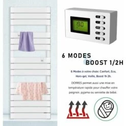 Sèche-Serviettes 750W Télécommandé LCD électrique Aluminium à Barres Plates 50x11x138.5cm, 6 Modes ECO DORRES IP24 Blanc - GREADEN -Atlantic Magasin 49087301 4
