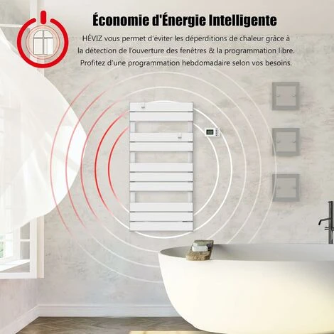 Sèche-Serviettes 500W Télécommandé Aluminium LCD électrique à Lames Plates 50 X 11 X 101cm, 6 Modes ECO HéVIZ IP24 Blanc -GREADEN 3 Sèche-Serviettes 500W Télécommandé Aluminium LCD électrique à Lames Plates 50 X 11 X 101cm, 6 Modes ECO HéVIZ IP24 Blanc -GREADEN – Image 3