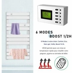 Sèche-Serviettes 500W Télécommandé Aluminium LCD électrique à Lames Plates 50 X 11 X 101cm, 6 Modes ECO HéVIZ IP24 Blanc -GREADEN 8 Sèche-Serviettes 500W Télécommandé Aluminium LCD électrique à Lames Plates 50 X 11 X 101cm, 6 Modes ECO HéVIZ IP24 Blanc -GREADEN -Atlantic Magasin 49087305 4