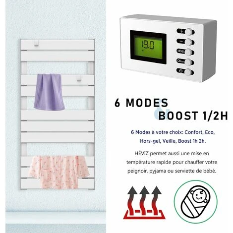 Sèche-Serviettes 500W Télécommandé Aluminium LCD électrique à Lames Plates 50 X 11 X 101cm, 6 Modes ECO HéVIZ IP24 Blanc -GREADEN 4 Sèche-Serviettes 500W Télécommandé Aluminium LCD électrique à Lames Plates 50 X 11 X 101cm, 6 Modes ECO HéVIZ IP24 Blanc -GREADEN – Image 4