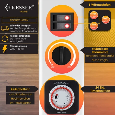 KESSER® Convecteur 2000 watts Appareil De Chauffage, Minuterie 24 h Contrôle Thermique En Continu Chauffage Turbo 3 niveaux Poignées De Transport, Blanche 2 KESSER® Convecteur 2000 watts Appareil De Chauffage, Minuterie 24 h Contrôle Thermique En Continu Chauffage Turbo 3 niveaux Poignées De Transport, Blanche – Image 2