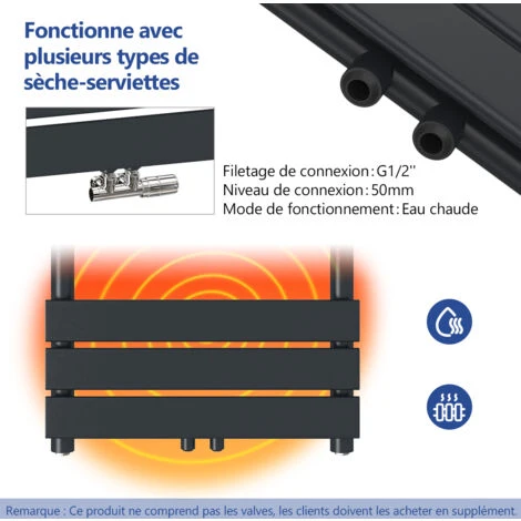 Meykoers Radiateur Sèche-serviette Anthracite 100x40cm Sèche-serviette Eau Chaude, 370W Lames Plates Chauffage Eau Chaude Serviettes 3 Meykoers Radiateur Sèche-serviette Anthracite 100x40cm Sèche-serviette Eau Chaude, 370W Lames Plates Chauffage Eau Chaude Serviettes – Image 3