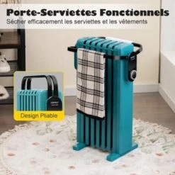 COSTWAY Radiateur Bain D'Huile 1500 W Mobile - 3 Puissance 5-35°C, 7 Eléments, Racks De Serviettes, Protection Contre Surchauffe Et Basculement, Bleu Vert -Atlantic Magasin 71254327 5
