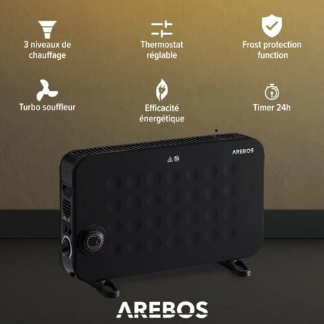 AREBOS Convecteur 2000 W Chauffage électrique Avec 3 Réglages De Chaleur Chauffage électrique Mobile à économie D'énergie Noir 3 AREBOS Convecteur 2000 W Chauffage électrique Avec 3 Réglages De Chaleur Chauffage électrique Mobile à économie D'énergie Noir – Image 3