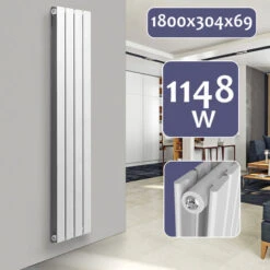 Aquamarin® Radiateur Vertical - à Panneau Plat Double, 1800 X 304 X 69 Mm, Acier, Blanc - Chauffage Central Pour Salle De Bain, Salon, Cuisine, Couloir, Chambre à Coucher