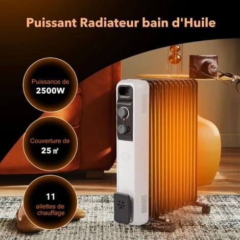 COSTWAY Radiateur Bain D'Huile 2500W 11 Éléments 3 Niveaux De Puissance Et Thermostat Réglable, Radiateur Electrique Silencieux Anti-Surchauffe&Anti-Sasculement Économie D’Energie, Noir+Blanc 2 COSTWAY Radiateur Bain D'Huile 2500W 11 Éléments 3 Niveaux De Puissance Et Thermostat Réglable, Radiateur Electrique Silencieux Anti-Surchauffe&Anti-Sasculement Économie D’Energie, Noir+Blanc – Image 2