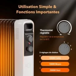 COSTWAY Radiateur Bain D'Huile 2500W 11 Éléments 3 Niveaux De Puissance Et Thermostat Réglable, Radiateur Electrique Silencieux Anti-Surchauffe&Anti-Sasculement Économie D’Energie, Noir+Blanc 7 COSTWAY Radiateur Bain D'Huile 2500W 11 Éléments 3 Niveaux De Puissance Et Thermostat Réglable, Radiateur Electrique Silencieux Anti-Surchauffe&Anti-Sasculement Économie D’Energie, Noir+Blanc -Atlantic Magasin 79657855 3