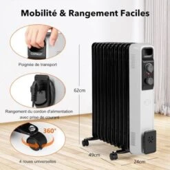 COSTWAY Radiateur Bain D'Huile 2500W 11 Éléments 3 Niveaux De Puissance Et Thermostat Réglable, Radiateur Electrique Silencieux Anti-Surchauffe&Anti-Sasculement Économie D’Energie, Noir+Blanc 8 COSTWAY Radiateur Bain D'Huile 2500W 11 Éléments 3 Niveaux De Puissance Et Thermostat Réglable, Radiateur Electrique Silencieux Anti-Surchauffe&Anti-Sasculement Économie D’Energie, Noir+Blanc -Atlantic Magasin 79657855 4