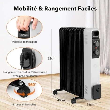 COSTWAY Radiateur Bain D'Huile 2500W 11 Éléments 3 Niveaux De Puissance Et Thermostat Réglable, Radiateur Electrique Silencieux Anti-Surchauffe&Anti-Sasculement Économie D’Energie, Noir+Blanc 4 COSTWAY Radiateur Bain D'Huile 2500W 11 Éléments 3 Niveaux De Puissance Et Thermostat Réglable, Radiateur Electrique Silencieux Anti-Surchauffe&Anti-Sasculement Économie D’Energie, Noir+Blanc – Image 4