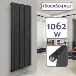 Aquamarin® Radiateur Vertical - à Panneau Plat Simple, 1600 X 604 X 52 Mm, Acier, Anthracite - Chauffage Central Pour Salle De Bain, Salon, Cuisine, Couloir, Chambre à Coucher