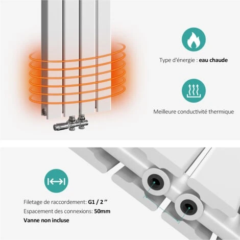 EMKE Radiateur à Eau Chaude, Radiateur Plat Double Couche Connexion Centrale, Montage Mural Vertical Design, Blanc 160x30cm 4 EMKE Radiateur à Eau Chaude, Radiateur Plat Double Couche Connexion Centrale, Montage Mural Vertical Design, Blanc 160x30cm – Image 4