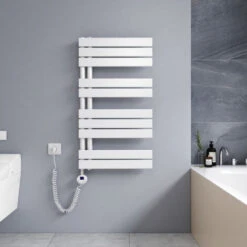 Meykoers Sèche-serviette électrique 899 X 500 Mm Blanc Radiateur Sèche-Serviettes 400W - Affichage LCD - Lames Plates Ouverture Laterale