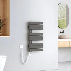 EMKE Sèche-Serviettes Électrique Avec élément Chauffant Thermostat, Sèche-serviettes électrique Panneau Avec Baguette Chauffante Avec Minuterie, Anthracite 762x400mm 400W