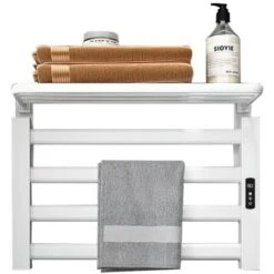 Sèche Serviettes Électrique, Petit Porte Serviettes électrique Economie D'énergie Avec Minuterie, LCD Écran Tactile, Thermostat Ajustable, Pour Salle De Bain, Cuisine, Blanc, 550x400mm, 80W
