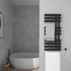 Porte Serviette Electrique, 500x1100mm Chauffe Serviette Thermostatique Intelligent, Mural Radiateur Salle De Bain, Serviettes Chauffant Seche, économie D'énergie, Affichage LED, Noir, Droite -Atlantic Magasin 91754112 3