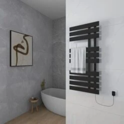 Porte Serviette Electrique, 500x1100mm Chauffe Serviette Thermostatique Intelligent, Mural Radiateur Salle De Bain, Serviettes Chauffant Seche, économie D'énergie, Affichage LED, Noir, Droite -Atlantic Magasin 91754112 4