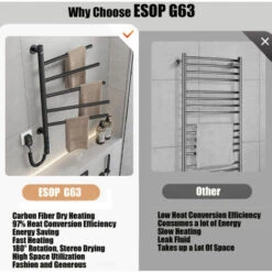 Sèche-Serviettes Électrique, Pivotant à 180 ° Porte-Serviettes Chauffant, Chauffe-Serviettes électrique Mural Avec Thermostat(45-70℃) Minuterie, Écran LED, 660x420cm, 80W, Noir -Atlantic Magasin 92150832 5