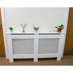 Cache Radiateur Ajustable à Motif Grillagé En MDF Blanc De 140cm à 192cm De Large X 82cm De Haut X 20,5cm De Profondeur - Couverture De Radiateur, Déco Maison [Brosse De Nettoyage INCLUSE] -Atlantic Magasin 9286097 5