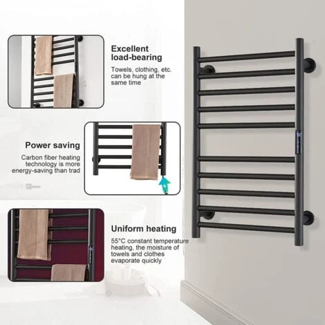 Sèche-Serviette Électrique Chauffe-Serviettes, Avec Minuterie 1-8H, Porte-Serviettes Chauffant Avec Contrôle De La Température, Étendoir Chauffant Mural Noir Mat 10 Barres, Hardwired 3 Sèche-Serviette Électrique Chauffe-Serviettes, Avec Minuterie 1-8H, Porte-Serviettes Chauffant Avec Contrôle De La Température, Étendoir Chauffant Mural Noir Mat 10 Barres, Hardwired – Image 3