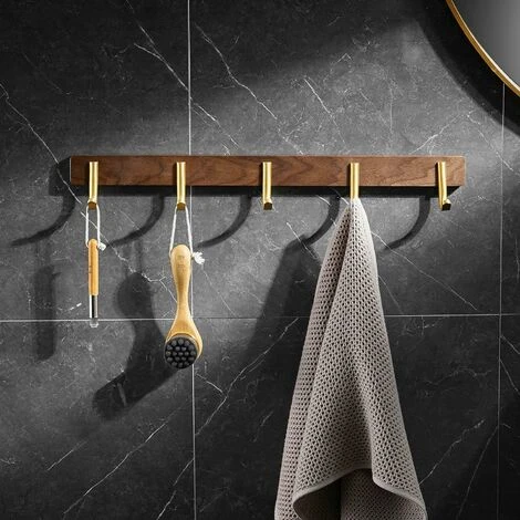 Crochet Porte-serviettes 5 Crochets Patère Murale Patère, Or Brossé, Bois + Acier Inoxydable 5 Crochet Porte-serviettes 5 Crochets Patère Murale Patère, Or Brossé, Bois + Acier Inoxydable – Image 5