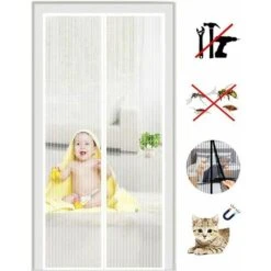 Moustiquaire Porte à Fermeture Aimantée, Rideau De Porte Anti Mouche, Fermeture Auto, Kit D'Installation, Bande Adhésive 120x220CM Blanc