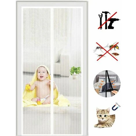 Moustiquaire Porte à Fermeture Aimantée, Rideau De Porte Anti Mouche, Fermeture Auto, Kit D'Installation, Bande Adhésive 120x220CM Blanc 1 Moustiquaire Porte à Fermeture Aimantée, Rideau De Porte Anti Mouche, Fermeture Auto, Kit D'Installation, Bande Adhésive 120x220CM Blanc