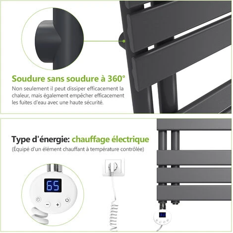S’AFIELINA Radiateur Sèche-serviettes Electrique Avec Thermostat Temporisé, Chauffe-serviettes électrique Avec Contrôle De La Température, Noir 104.1x60 Cm 600Watts 3 S’AFIELINA Radiateur Sèche-serviettes Electrique Avec Thermostat Temporisé, Chauffe-serviettes électrique Avec Contrôle De La Température, Noir 104.1x60 Cm 600Watts – Image 3