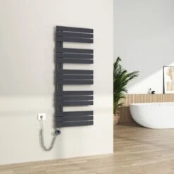 S’AFIELINA Radiateur Sèche-serviettes Electrique Avec Thermostat Temporisé, Chauffe-serviettes électrique Avec Contrôle De La Température, Noir 132x50 Cm 800Watts
